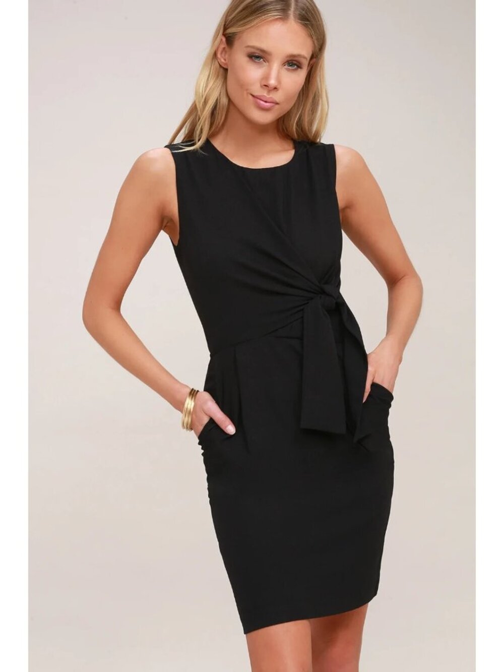 Lulus Dress Womens Medium Zealous Love Black Sheath Tie Front Mini Pockets NWT